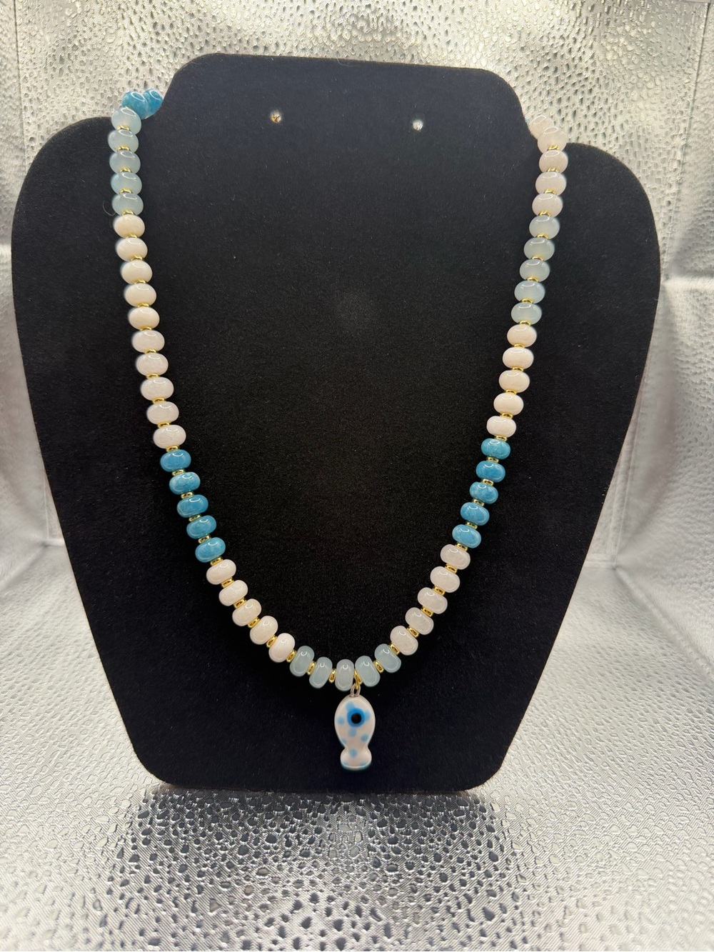 Blue and White Beaded Fish Necklace